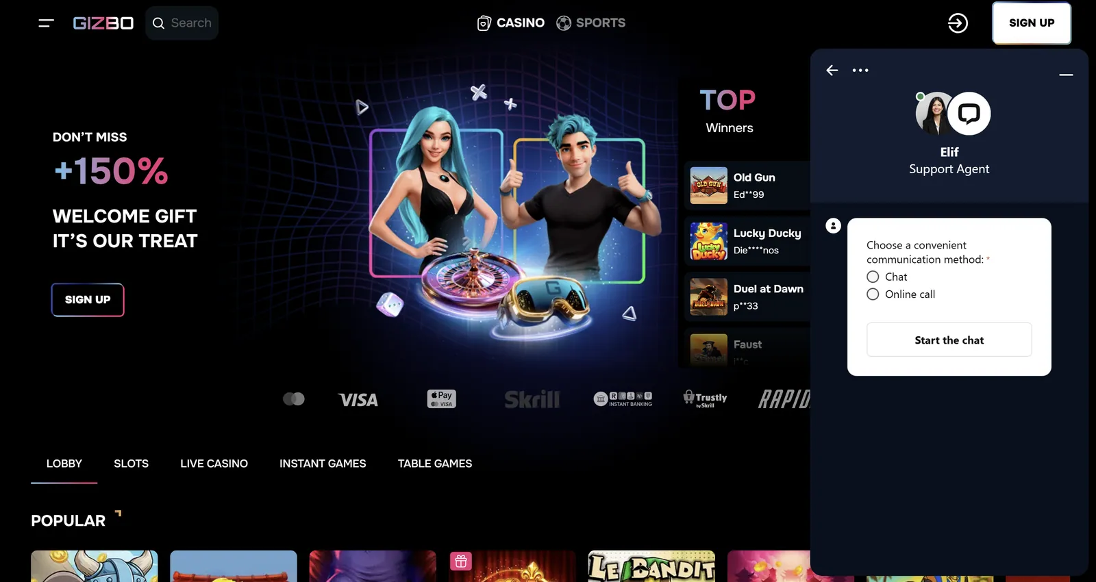 gizbo casino live chat